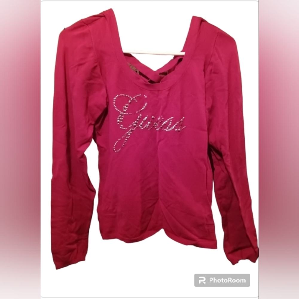 Guess Logo Sweater with Criss-Cross Open Back Wine 🍷 Red & Silver Bling